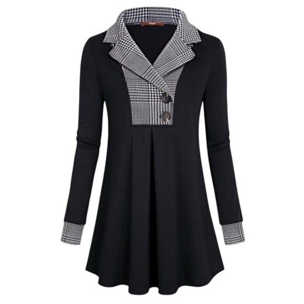 Gaharu Women Black Houndstooth Plaid Long Sleeve Tunic Top XL Button Detail NWT - Picture 3 of 8